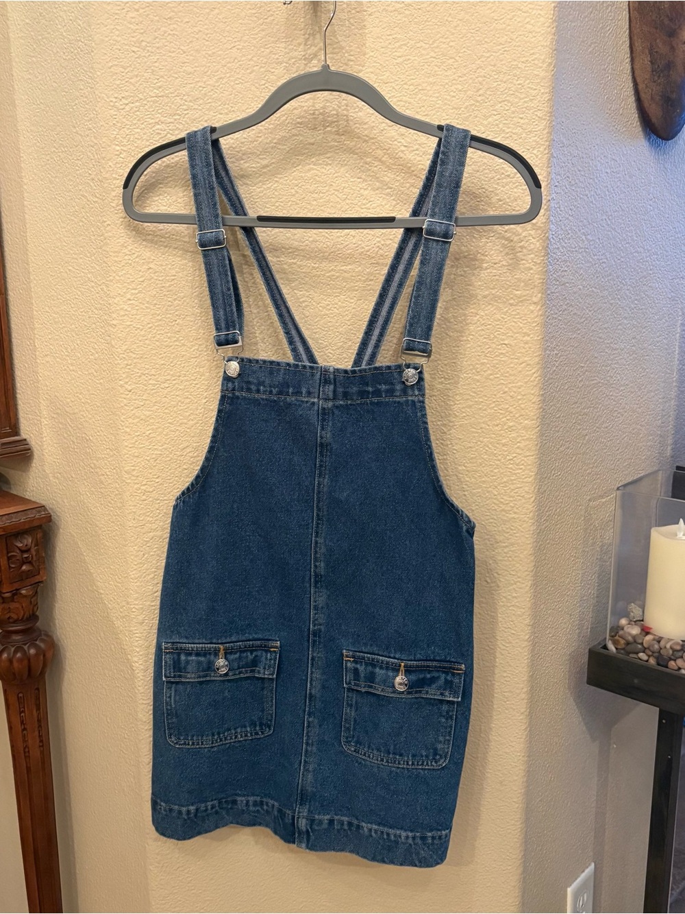 EDIKTED Blue Denim Overall Mini Dress with Pockets Size Small